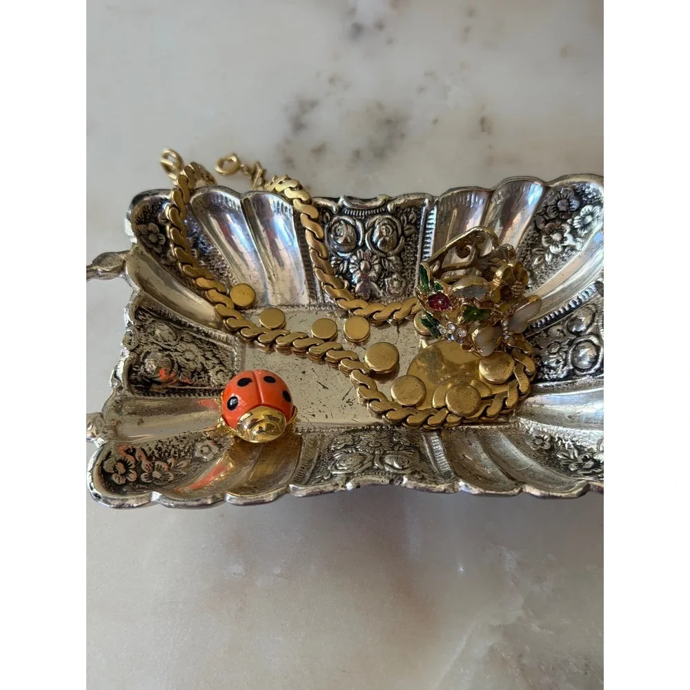 Two's Company Trinket Tray Small Silver Floral Repousse Footed Scrolled Handle